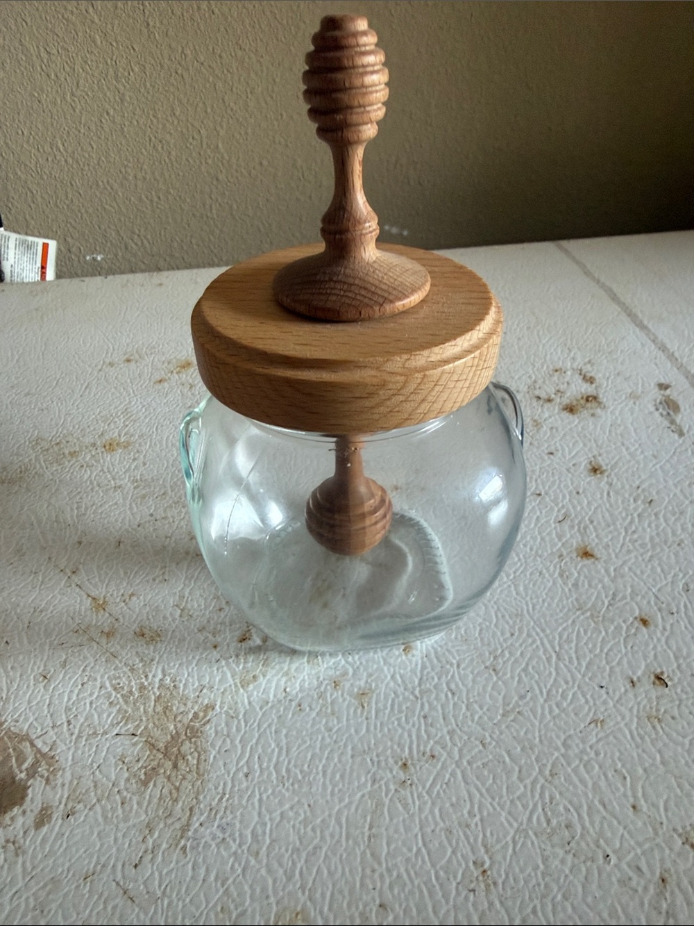 Clear Glass Honey Jar with Natural Wood Lid and Dipper